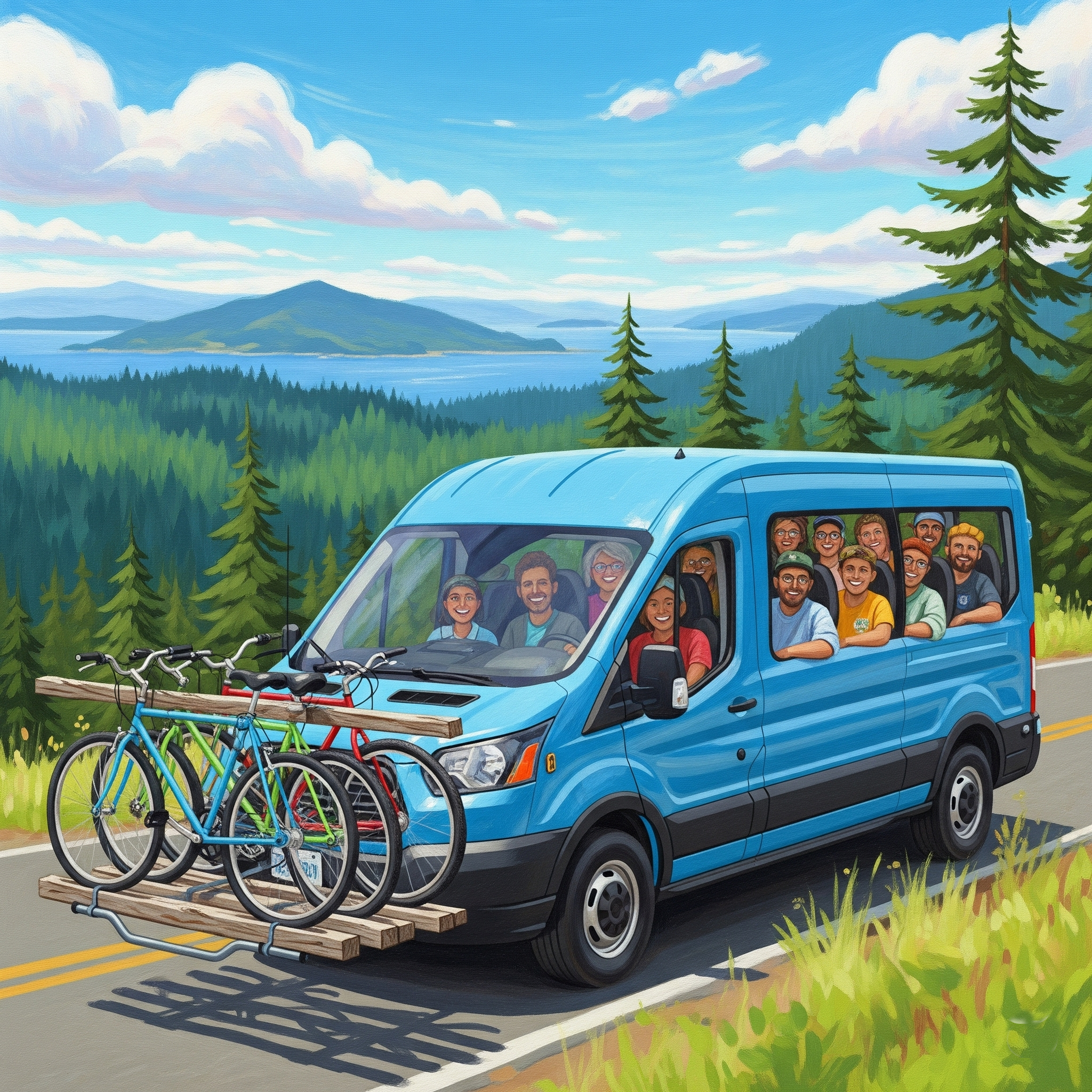 Illustration of a happy community riding a blue transit van through a scenic island landscape